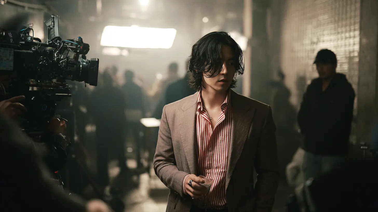 A cinematic still of a long-haired man standing quietly on a dim film set