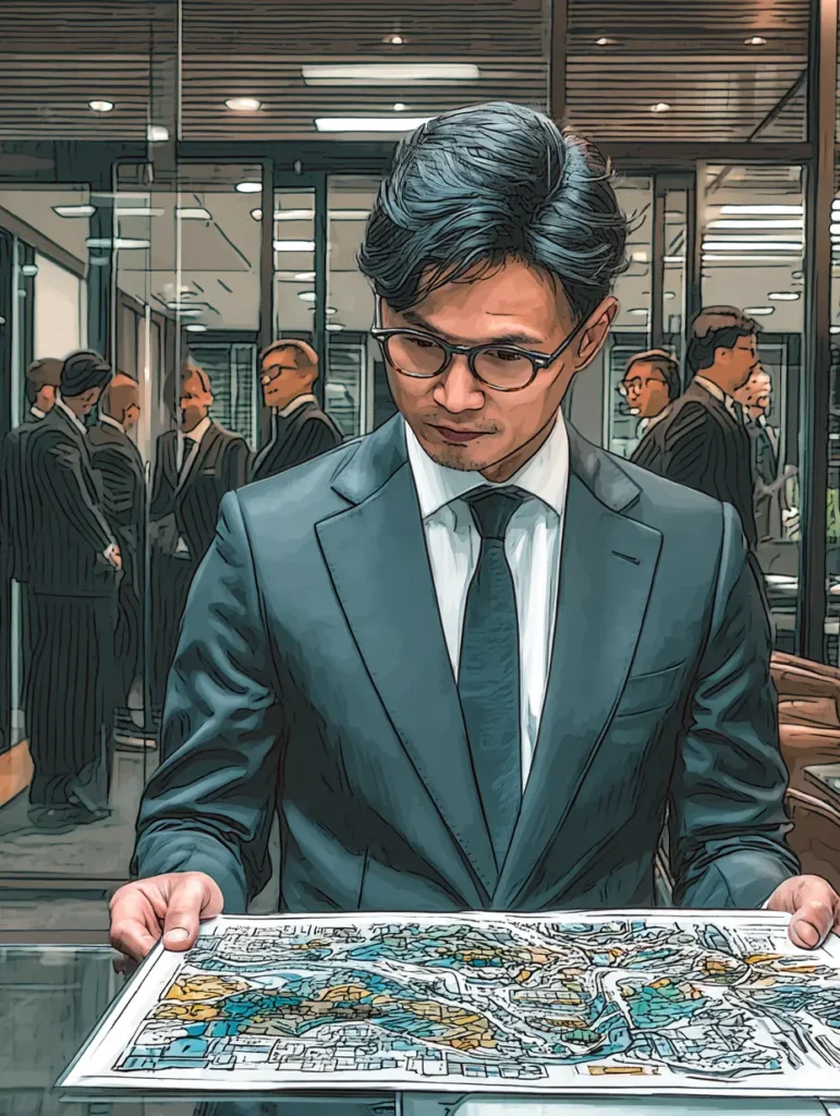 A man in a suit closely reviewing a document in a conference room