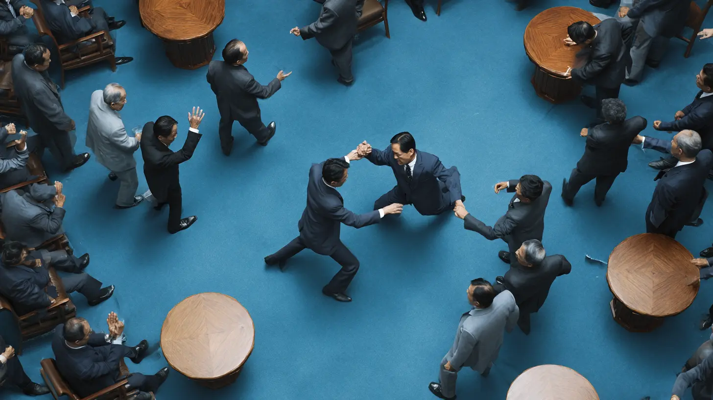 Overhead view of politicians engaged in chaotic conflict