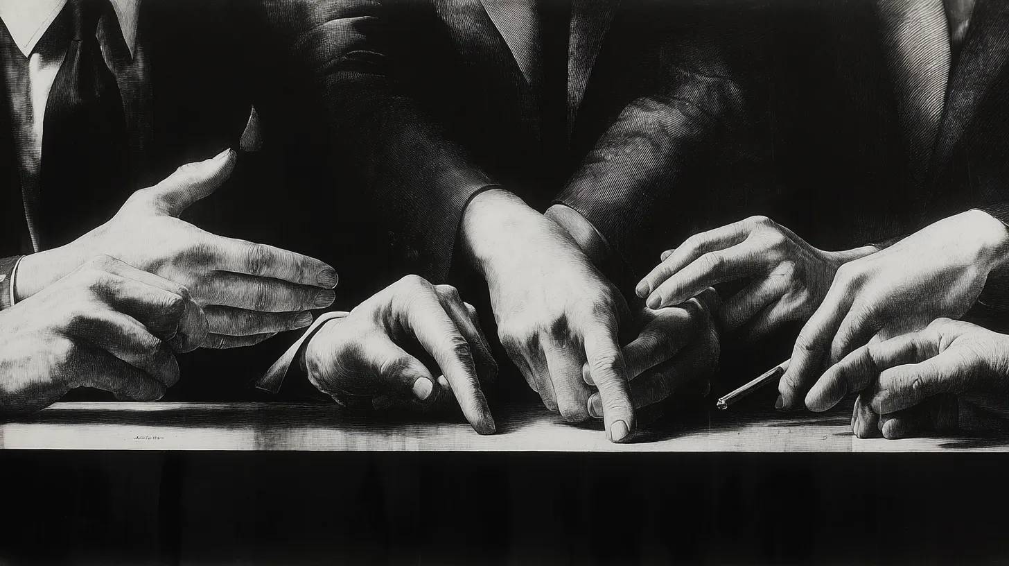 Black-and-white illustration of multiple hands pointing in different directions