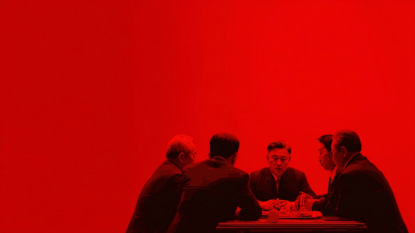 Individuals holding a closed-door meeting against a red background