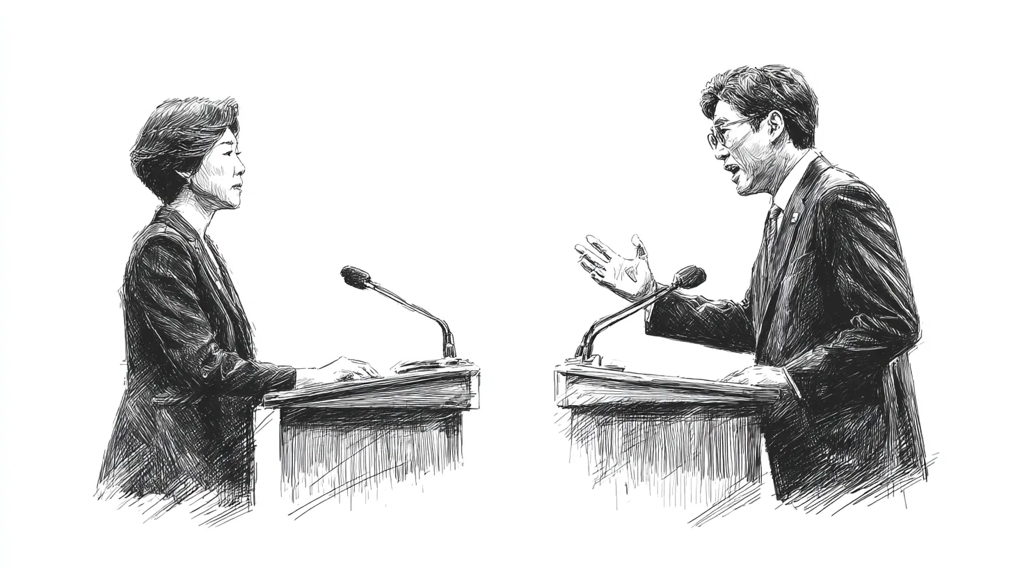 A sketch of two people engaged in a debate