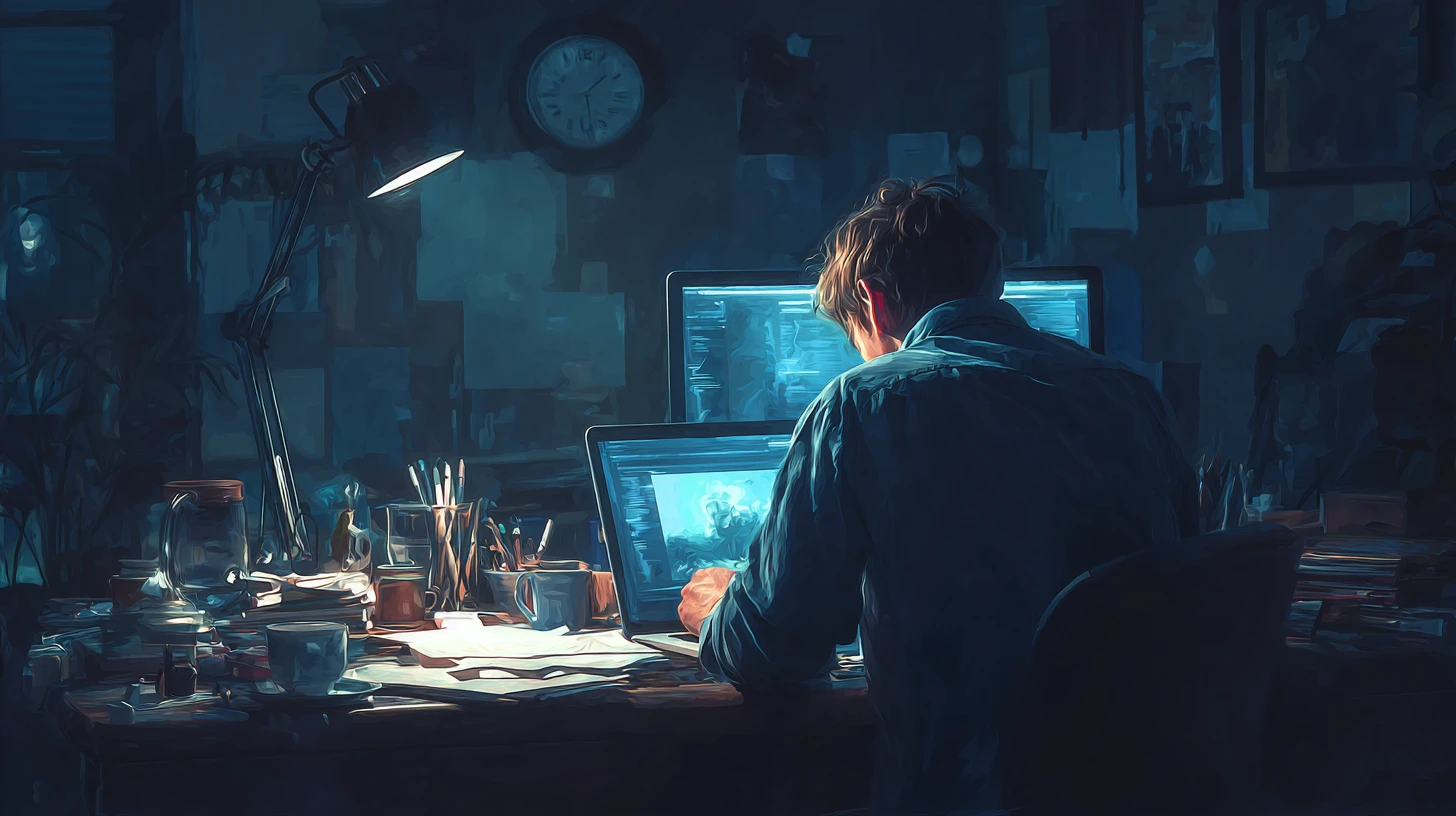 A person working late at night in a dimly lit room, focused on two computer screens. The desk is cluttered with papers, brushes, and coffee cups, evoking an atmosphere of solitary concentration.