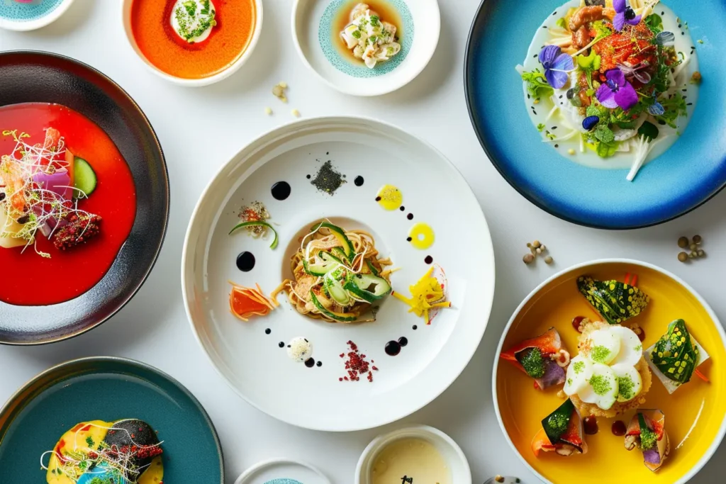 An arrangement of colorful fine-dining dishes displayed like artwork, representing a Michelin 3-star tasting menu