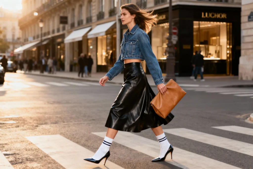 Street style look featuring a denim jacket, leather skirt, striped socks, and high heels