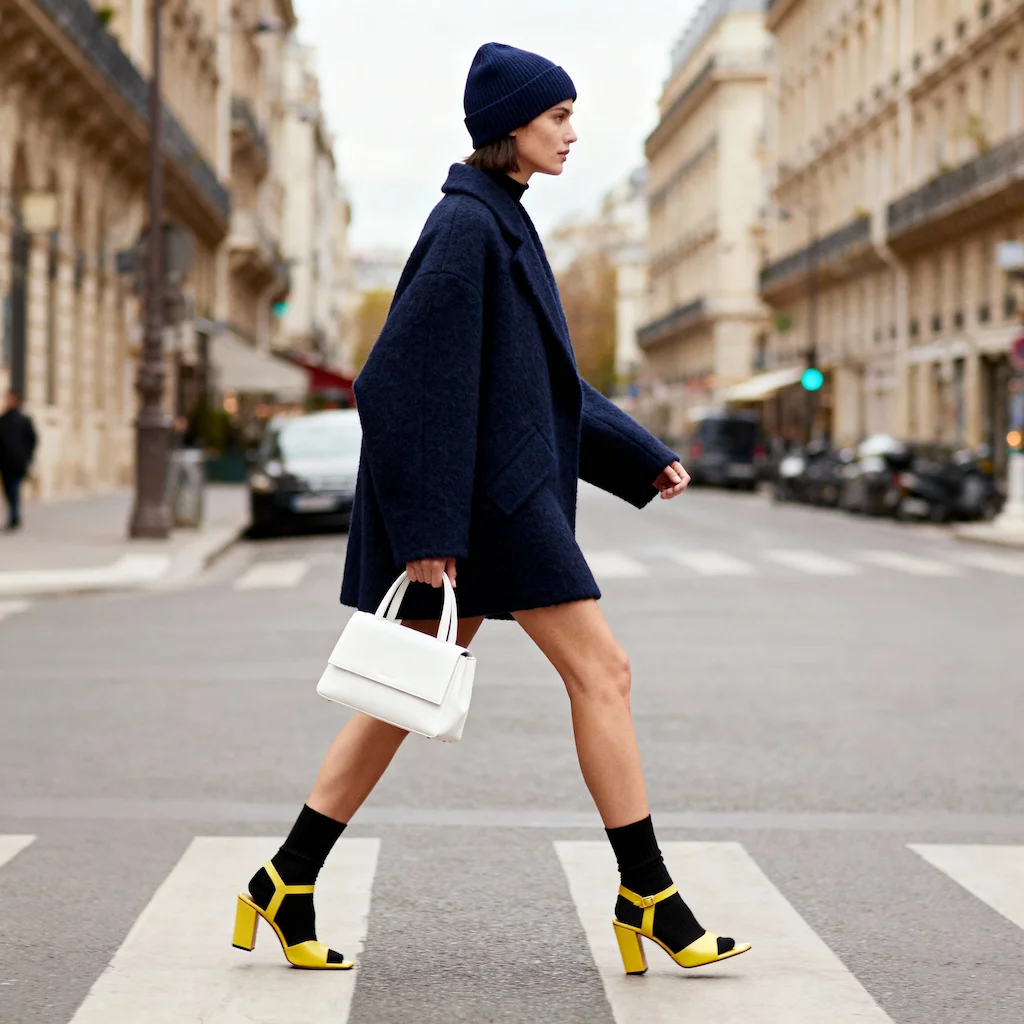 Winter street style with a navy short wool coat, black socks, yellow strap heels, and a white tote bag
