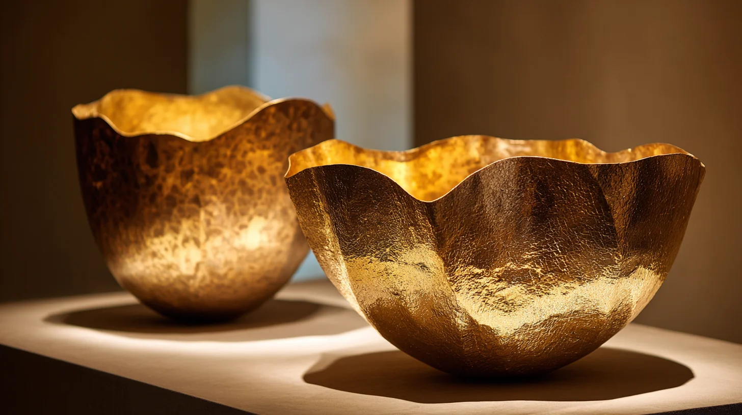 Two hammered gold bowls glowing under warm lighting