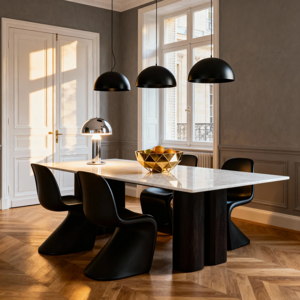 Gold object on a marble dining table with warm afternoon light