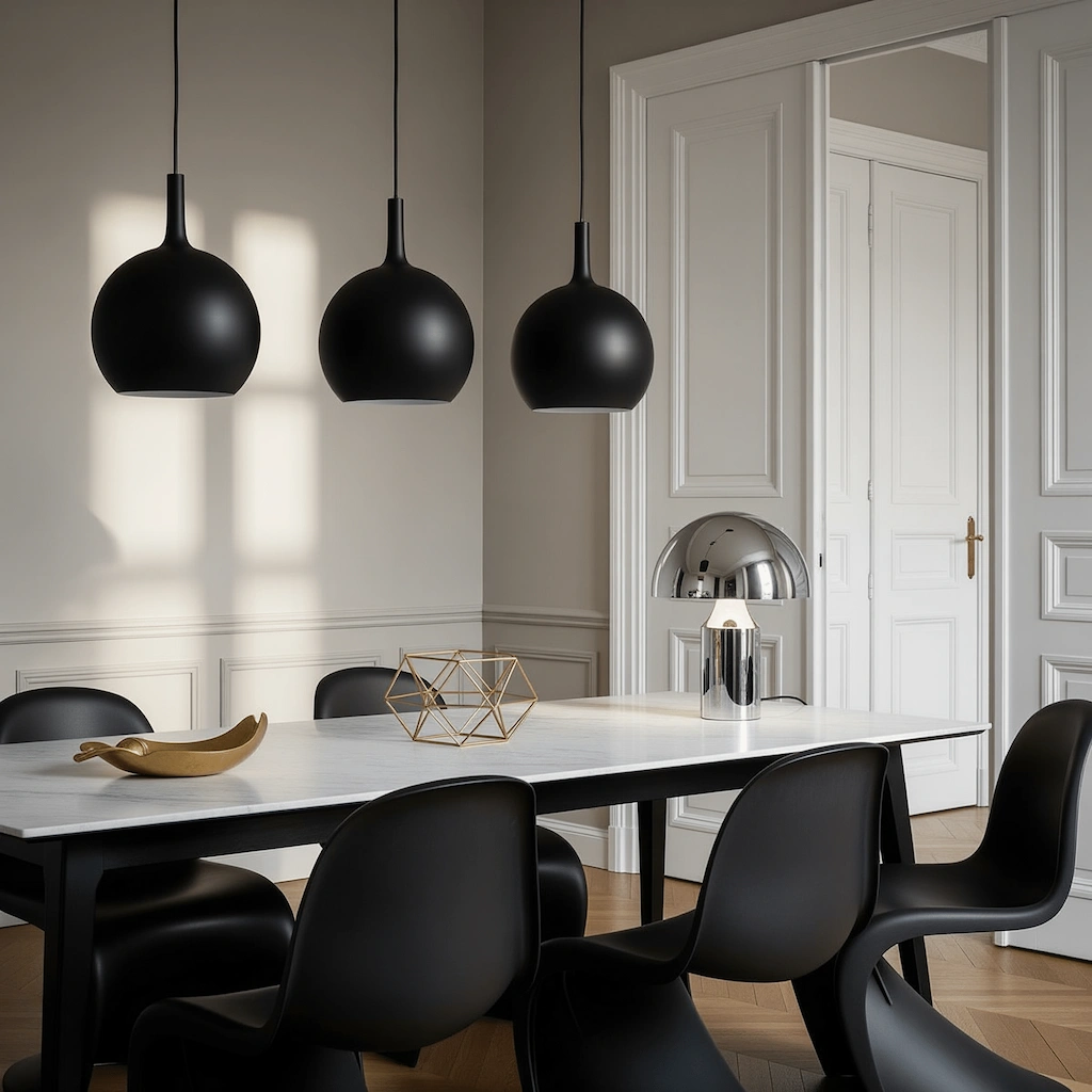 Gold object placed on a white table in a minimal dining room