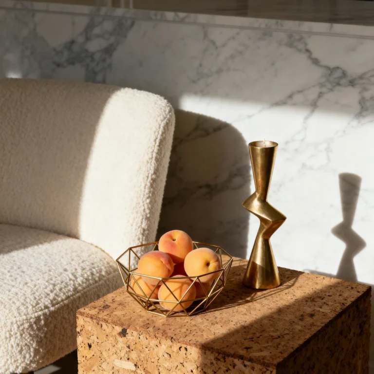 Gold bowl object on cork side table beside boucle chair