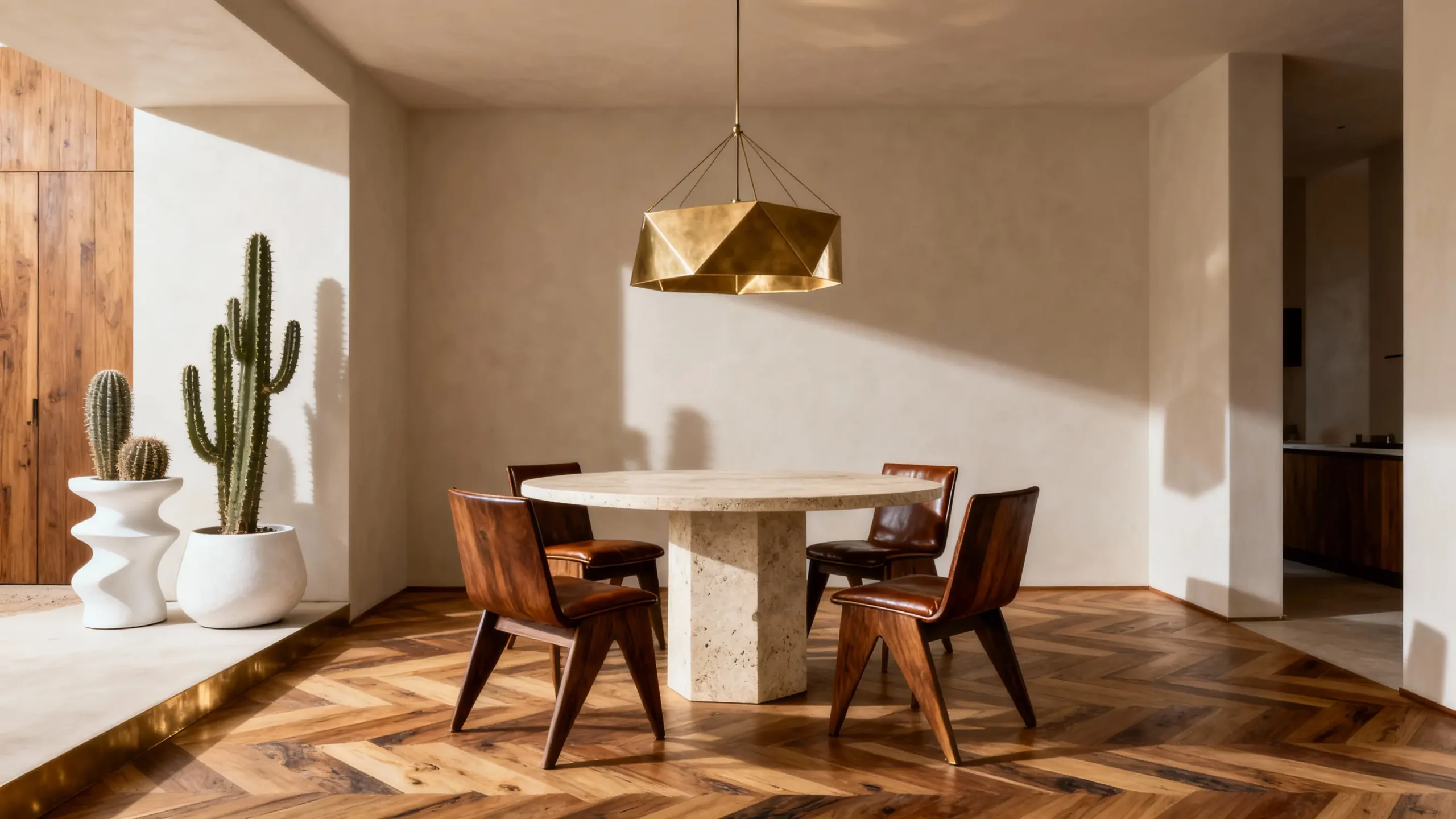 Interior with cacti, wooden flooring, round stone table, and gold pendant lighting