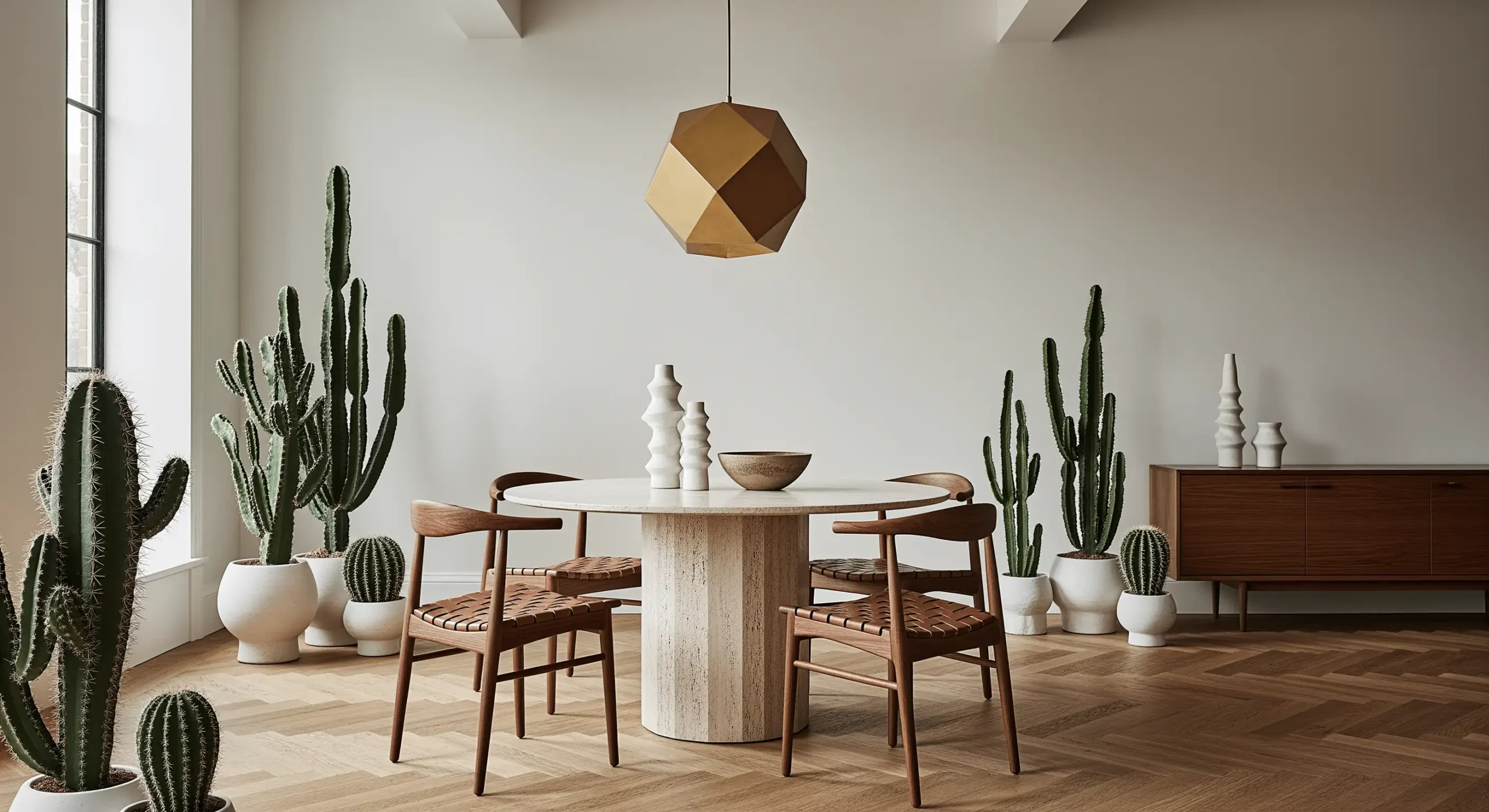 Modern interior with cacti, natural wood furniture, round table, and geometric gold pendant