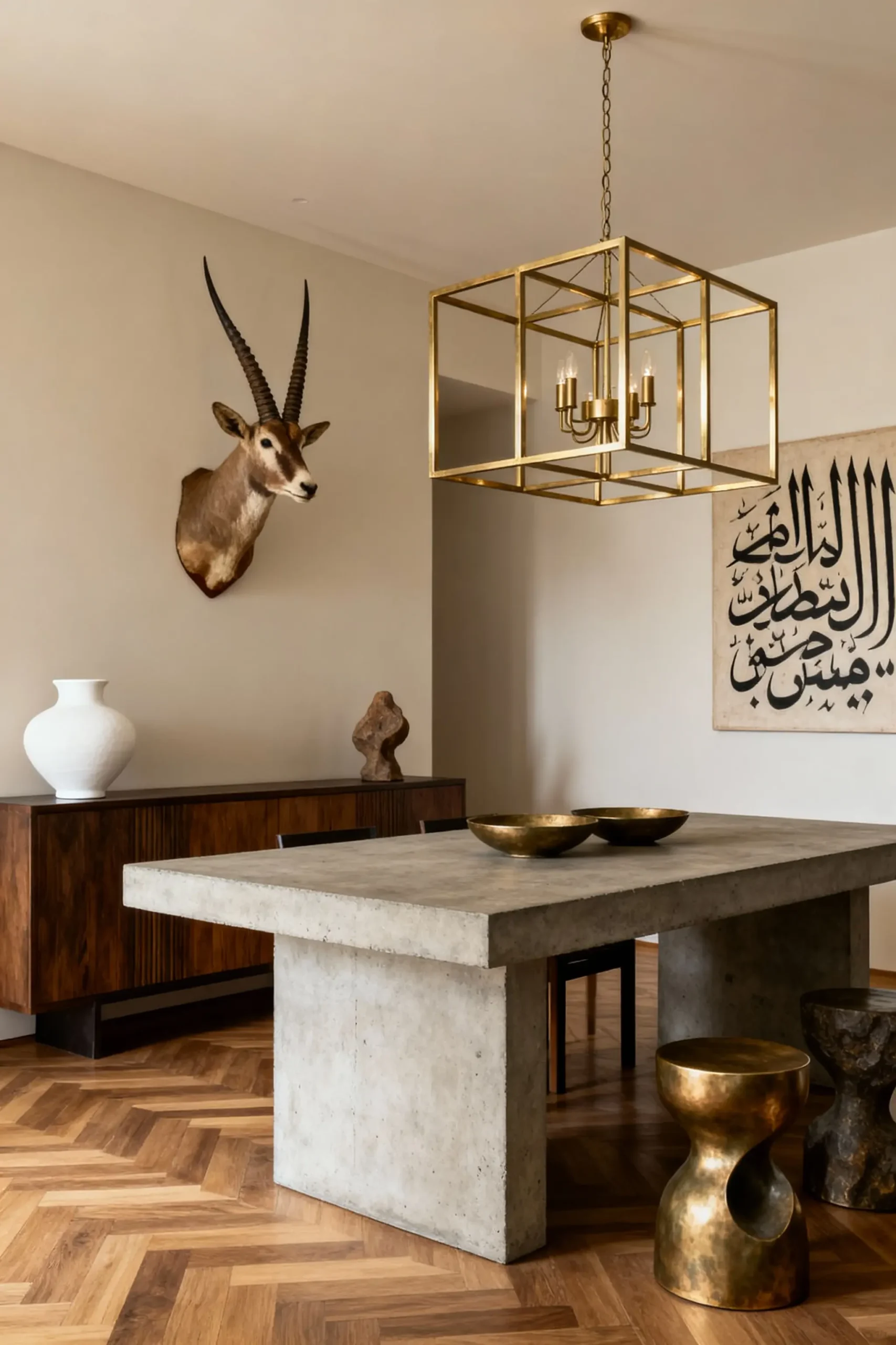 Sophisticated dining area with a gold frame pendant light and a concrete table