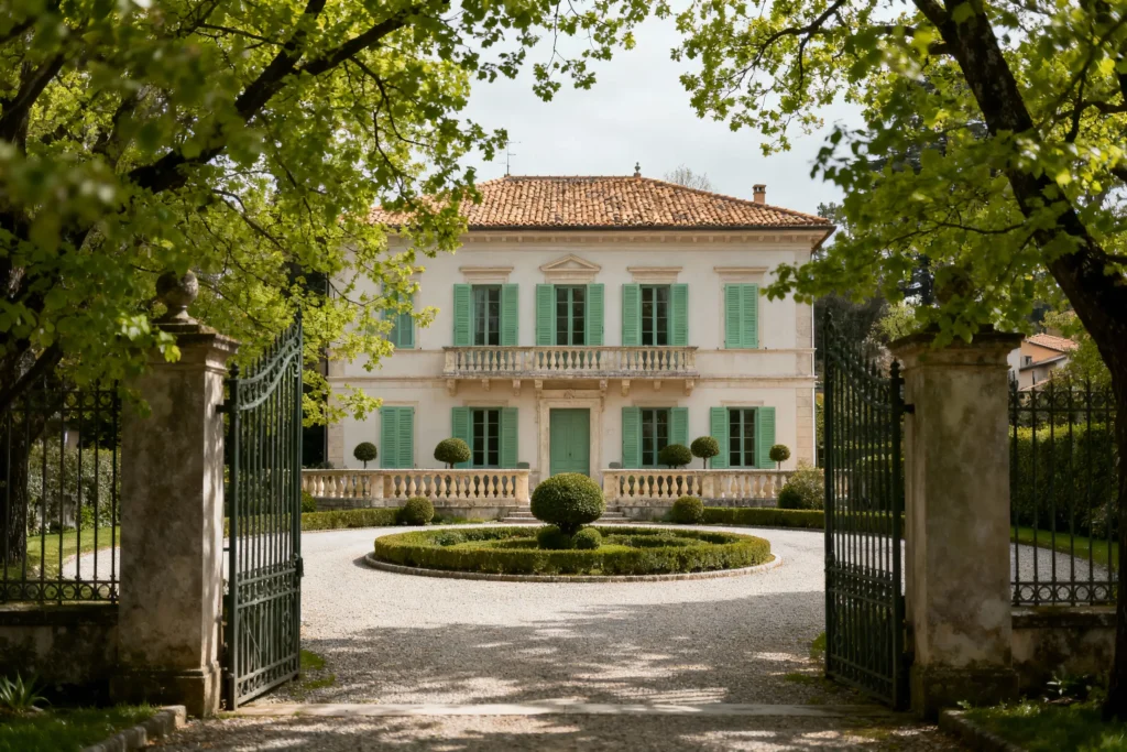 Elegant countryside villa near Modena framed by open gates and lush green garden