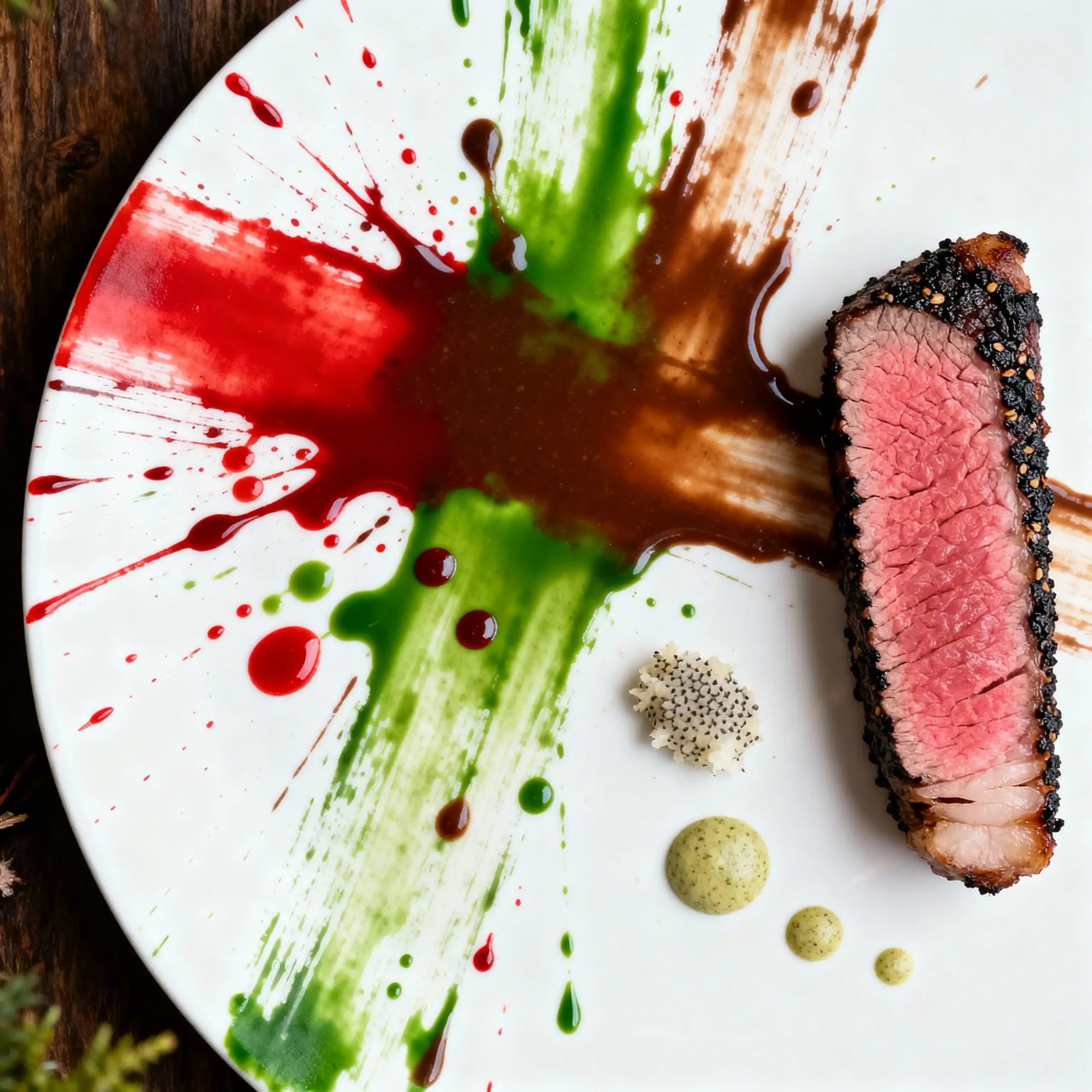 A plate styled like abstract art, with splattered colorful sauces surrounding a seared piece of meat
