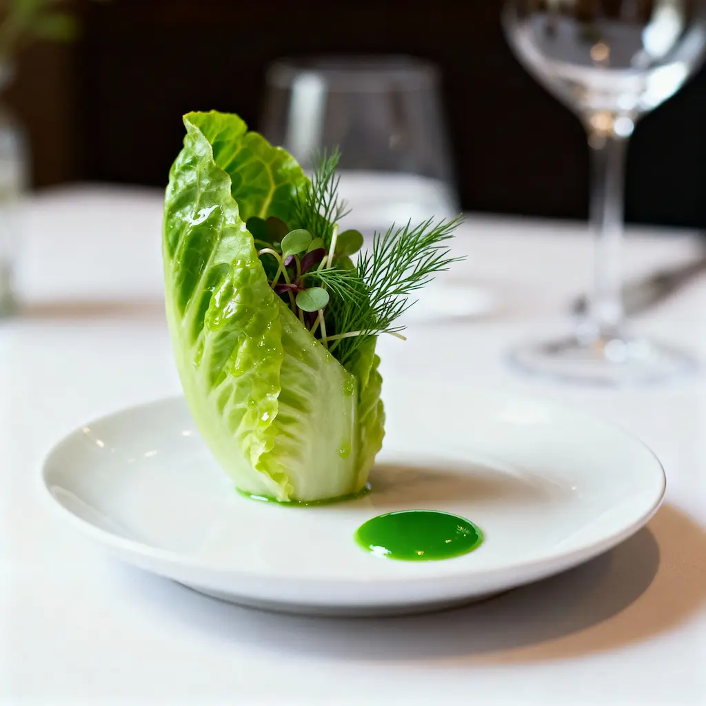A reinterpretation of “Caesar Salad in Emilia,” featuring a crisp romaine leaf filled with herbs and microgreens, paired with a vibrant green sauce
