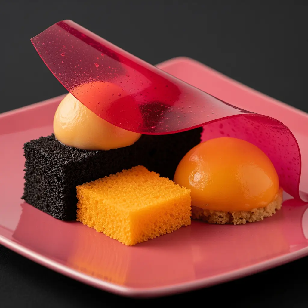 A modern dessert composition featuring a red gel sheet draped over black and yellow sponge cake with smooth cream domes—an artistic reinterpretation inspired by “Zuppa Inglese, Hot & Cold.”