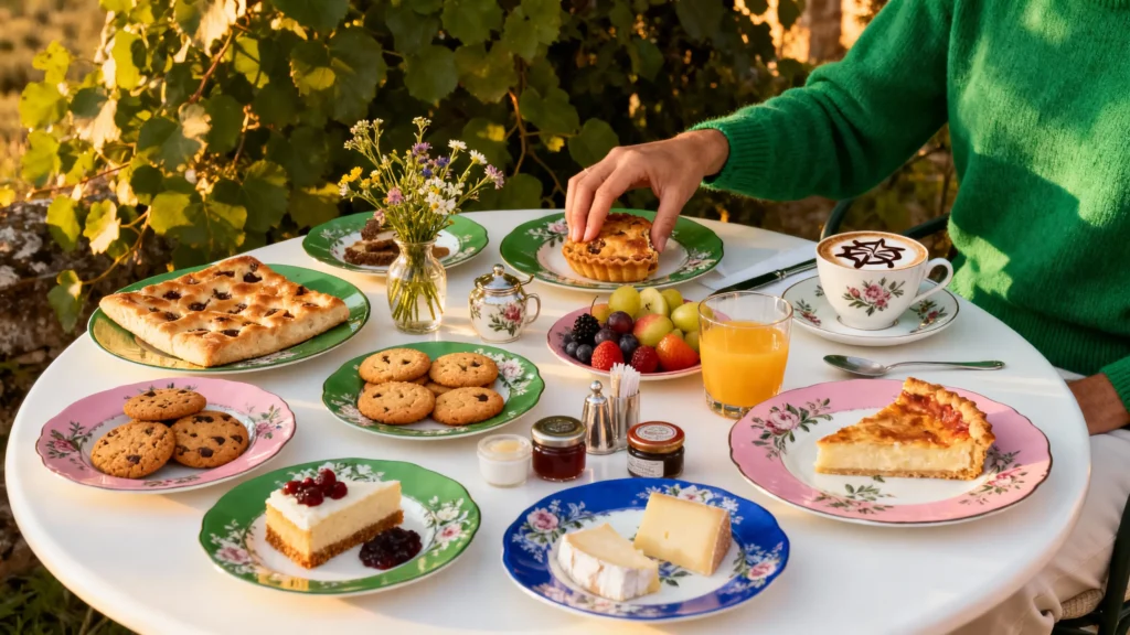 A serene breakfast table set in the garden of an elegant countryside villa near Modena