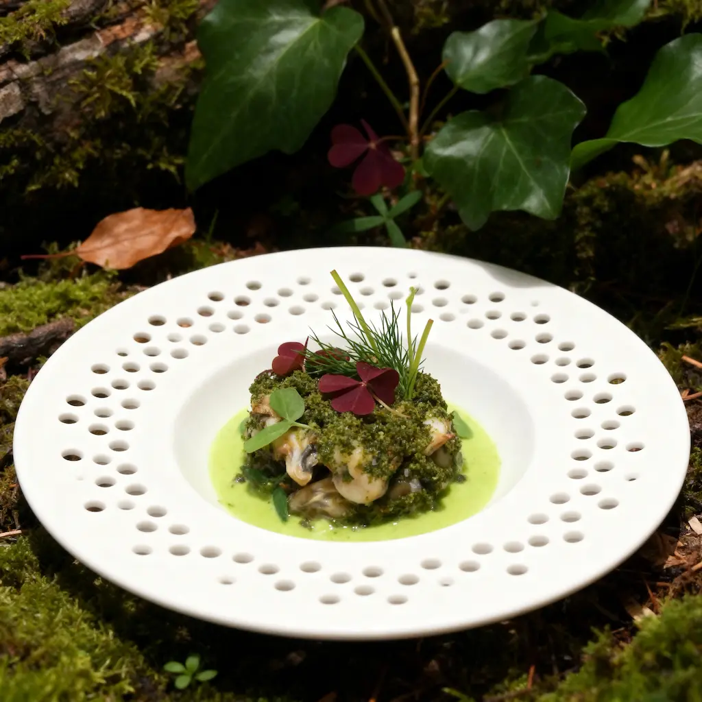 A reimagined oyster dish plated on forest moss, topped with green herb crumble in a woodland-inspired setting