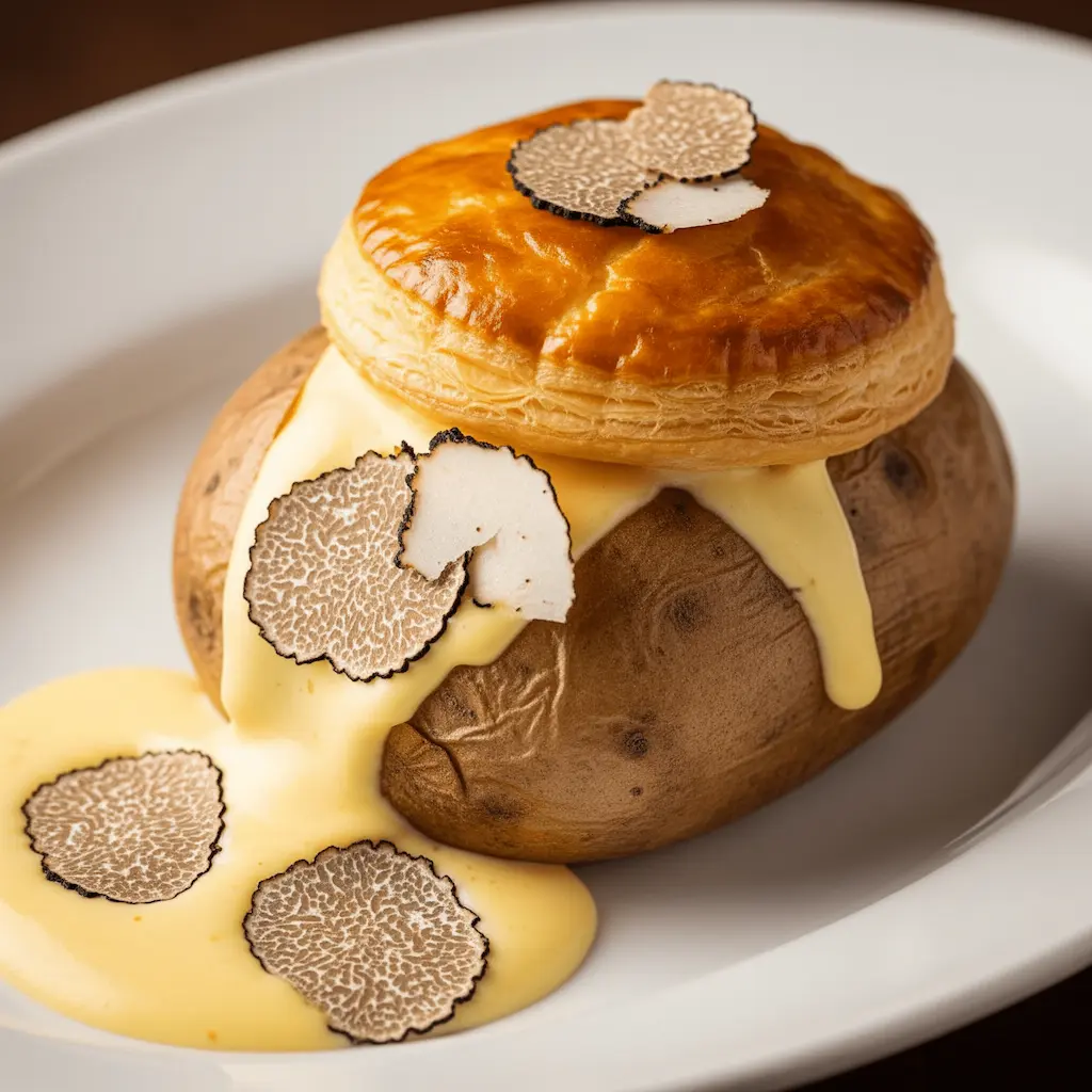 Reinterpreted baked potato dish topped with truffle slices and creamy sauce