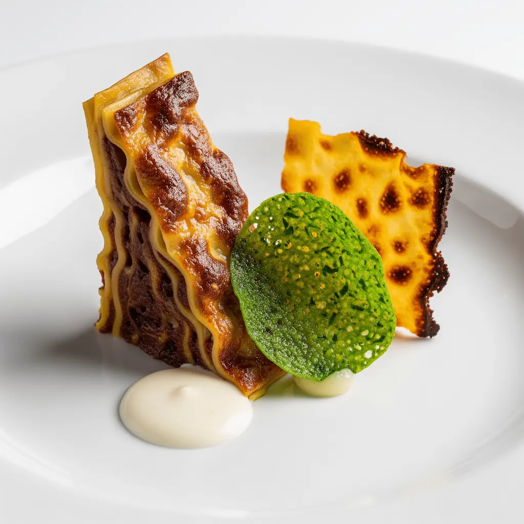 A modern reinterpretation of “The Crunchy Part of the Lasagna” featuring layered lasagna crisps, a green chip, and a minimalist cream sauce plating