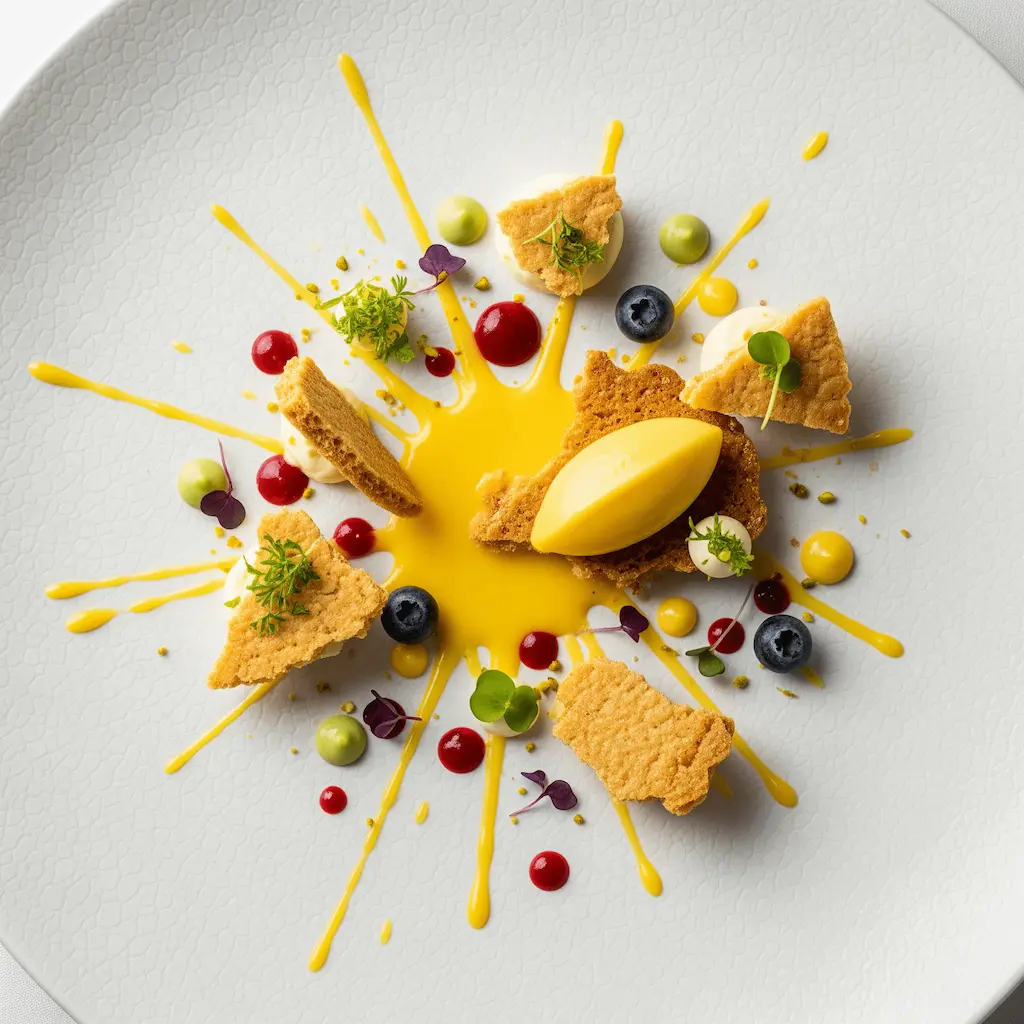 Lemon cream splashes with broken cookie pieces, berries, and herbs arranged as a modern plating art