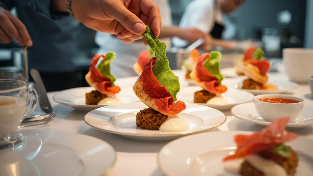 Chef placing a crispy pasta sheet while plating “The Crunchy Part of the Lasagna.”