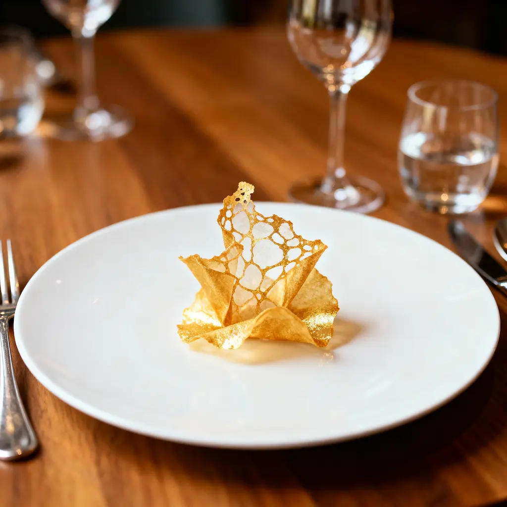 A sculpted golden crisp tuile standing like an art piece on a white plate atop a wooden table. A reinterpretation inspired by the original “Bread is Gold.”