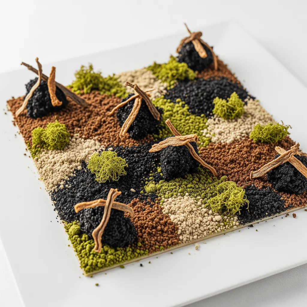 A reinterpretation of “Camouflage: A Hare in the Woods,” featuring a grid of green, brown, and black textures arranged like forest camouflage with small elements symbolizing woodland life.