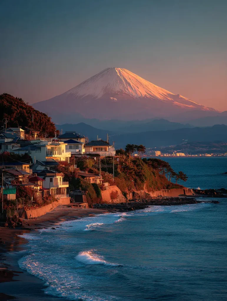Hayama’s cliffside homes and coastal road at sunset, with Mount Fuji glowing in warm light