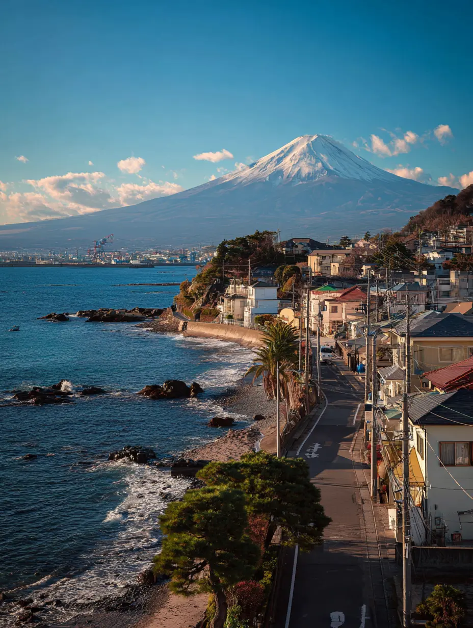 Clear winter view of Mount Fuji seen beyond the coastal road of Hayama