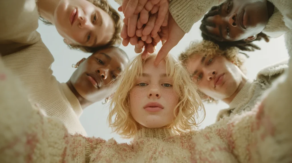 A group of individuals forming a circle, hands overlapping, viewed from below—symbolizing teamwork built on shared responsibility and choice