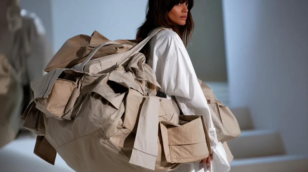 A designer carrying an oversized, layered bag, symbolizing emotional weight, accumulated choices, and the invisible burden of work