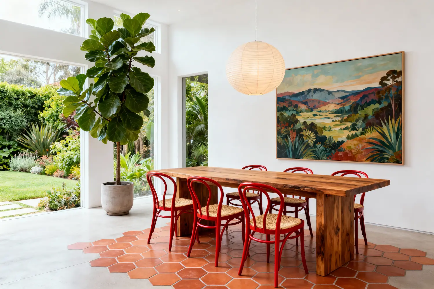 Bright interior scene with red rattan dining chairs, a solid wood table, a large indoor plant, and a landscape painting