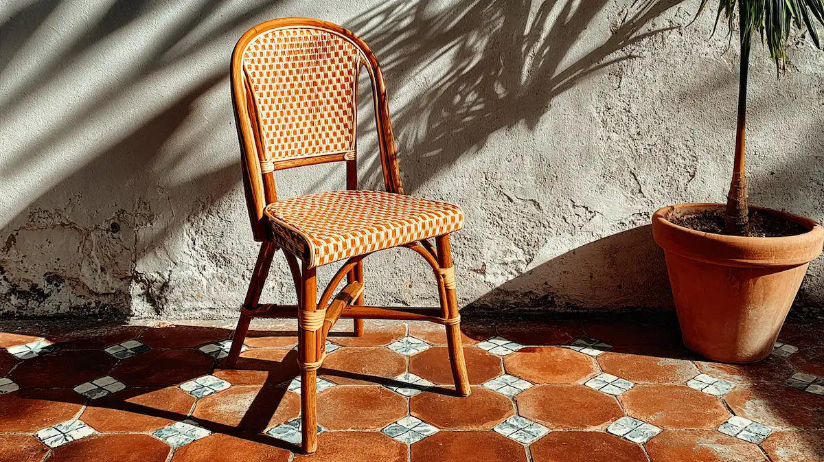 An orange-patterned rattan chair placed on terracotta tiles, lit by warm natural sunlight, beside a terracotta planter