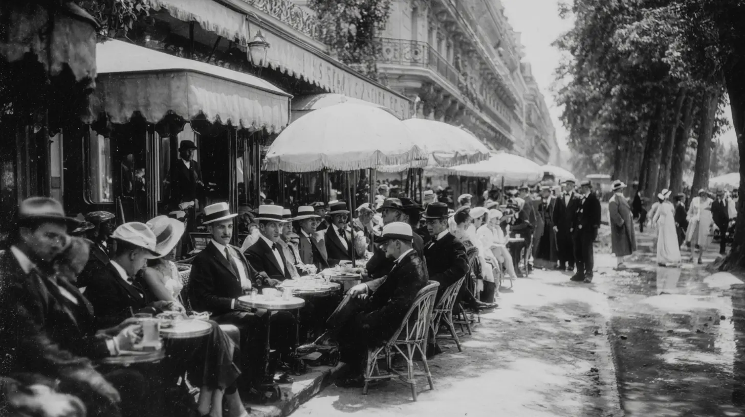 Black-and-white photo of people seated on rattan bistro chairs at Café de Flore in 1920s Paris
