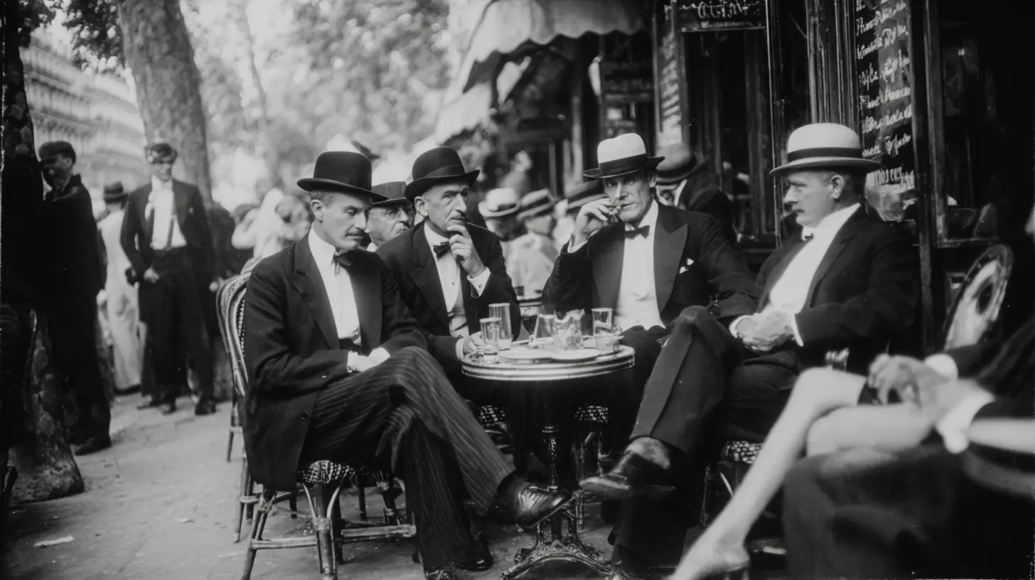 Black-and-white photo of men talking on rattan chairs at Café de Flore’s terrace in the 1920s