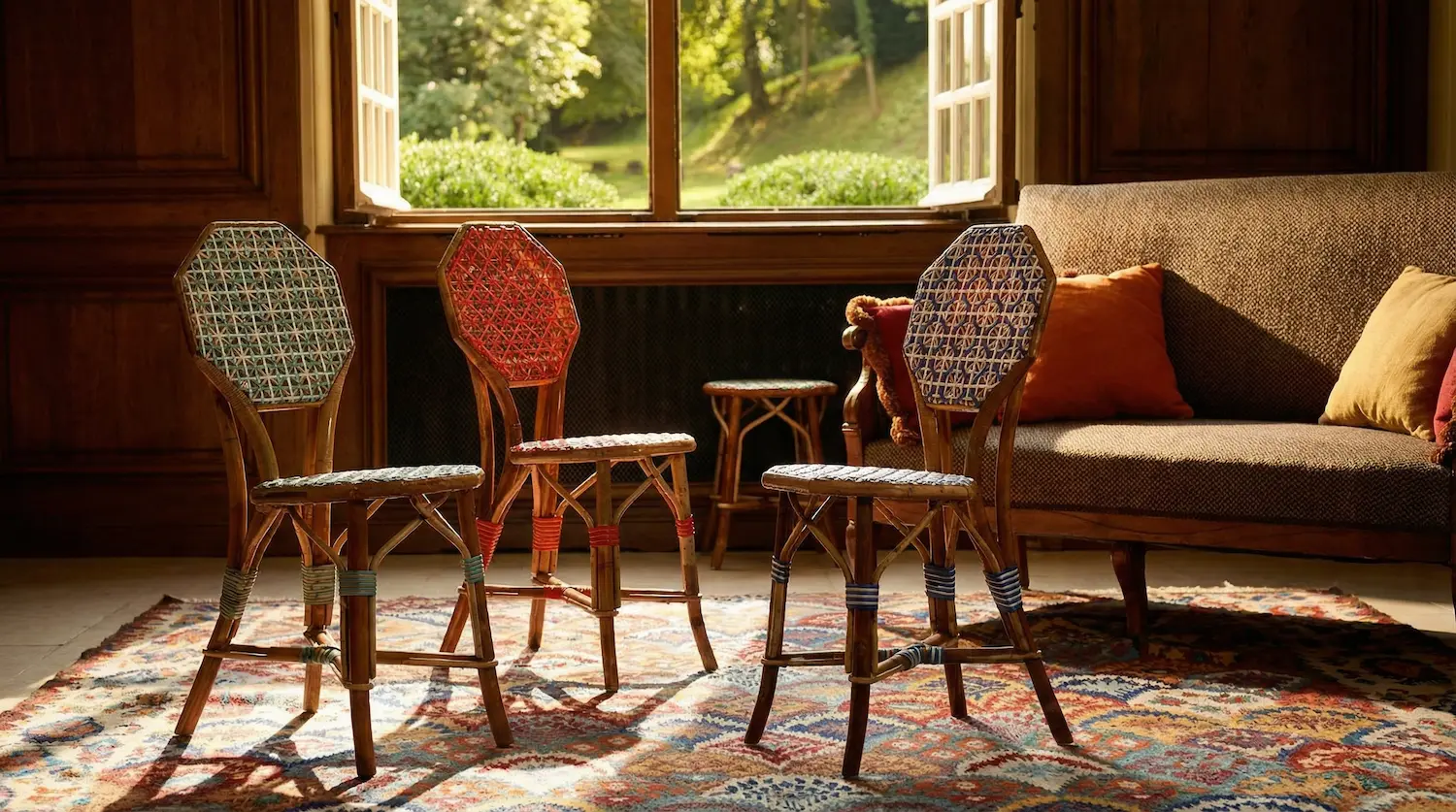 Octagon-shaped rattan bistro chairs with multicolored woven patterns arranged in a sunlit interior
