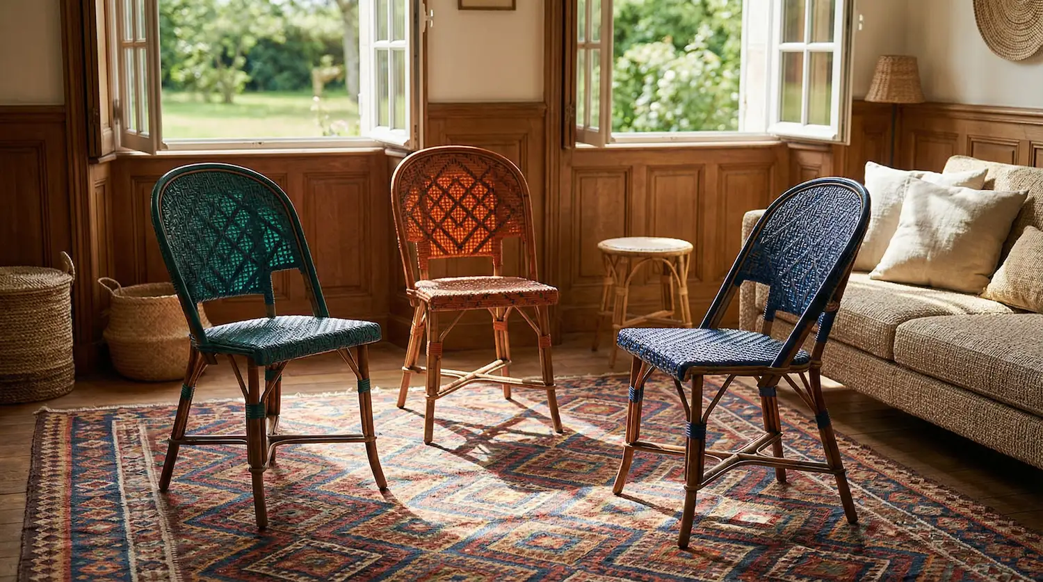 Three French bistro rattan chairs in different colors and woven patterns displayed in a sunlit, classic French interior